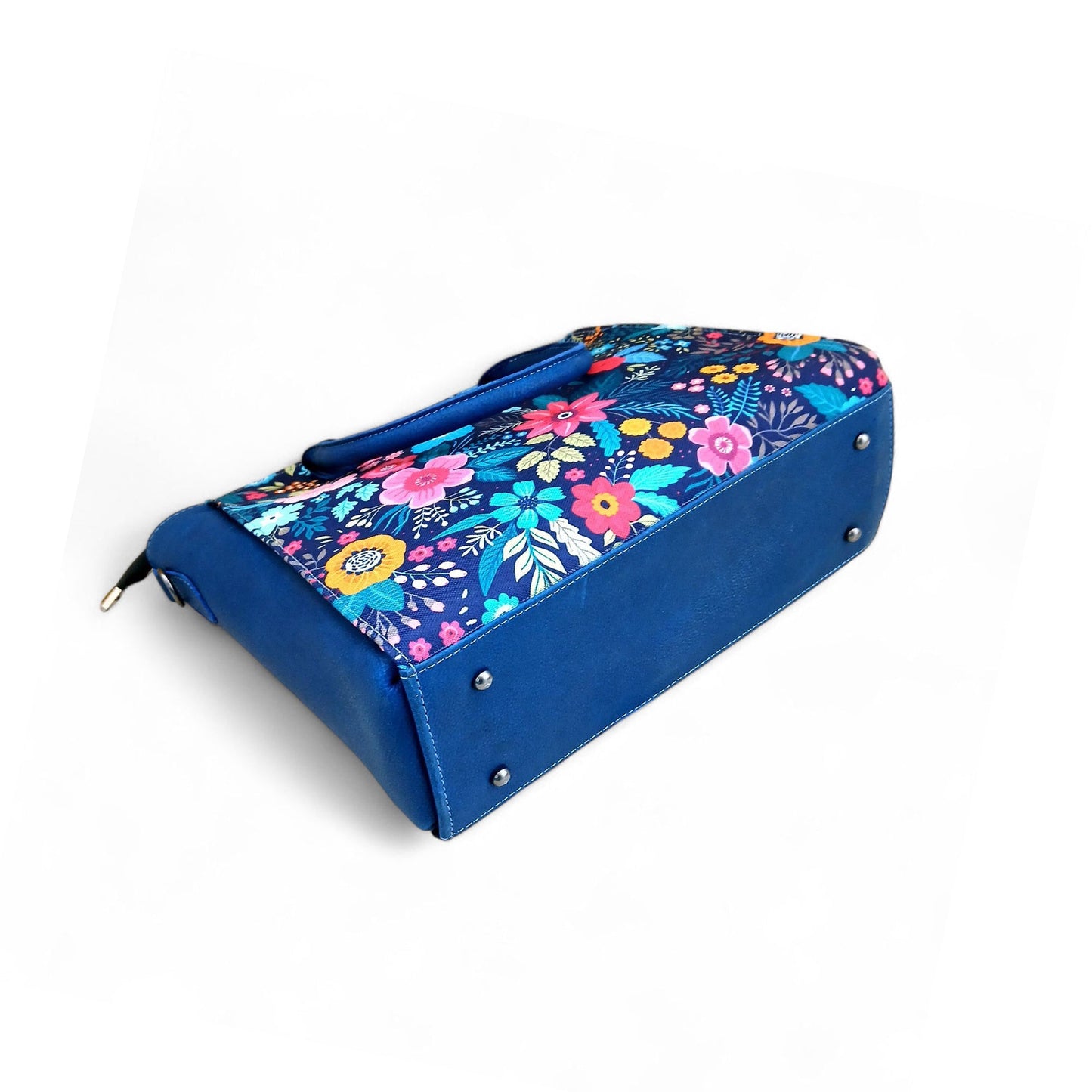 Floral Canvas & Leather Tote Bag – Navy Blue | Full-Grain Cowhide Handbag
