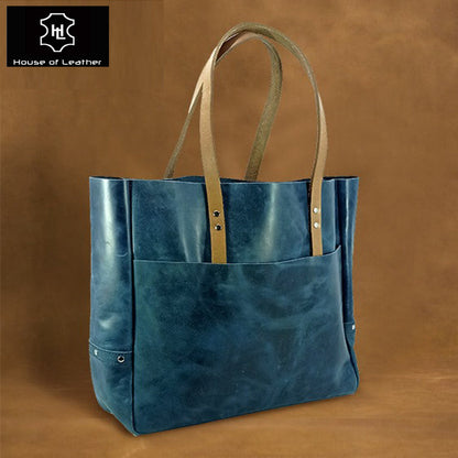 Navy Leather Carryall Tote Bag| Oil Pull-Up Cow Leather | Large Everyday Tote