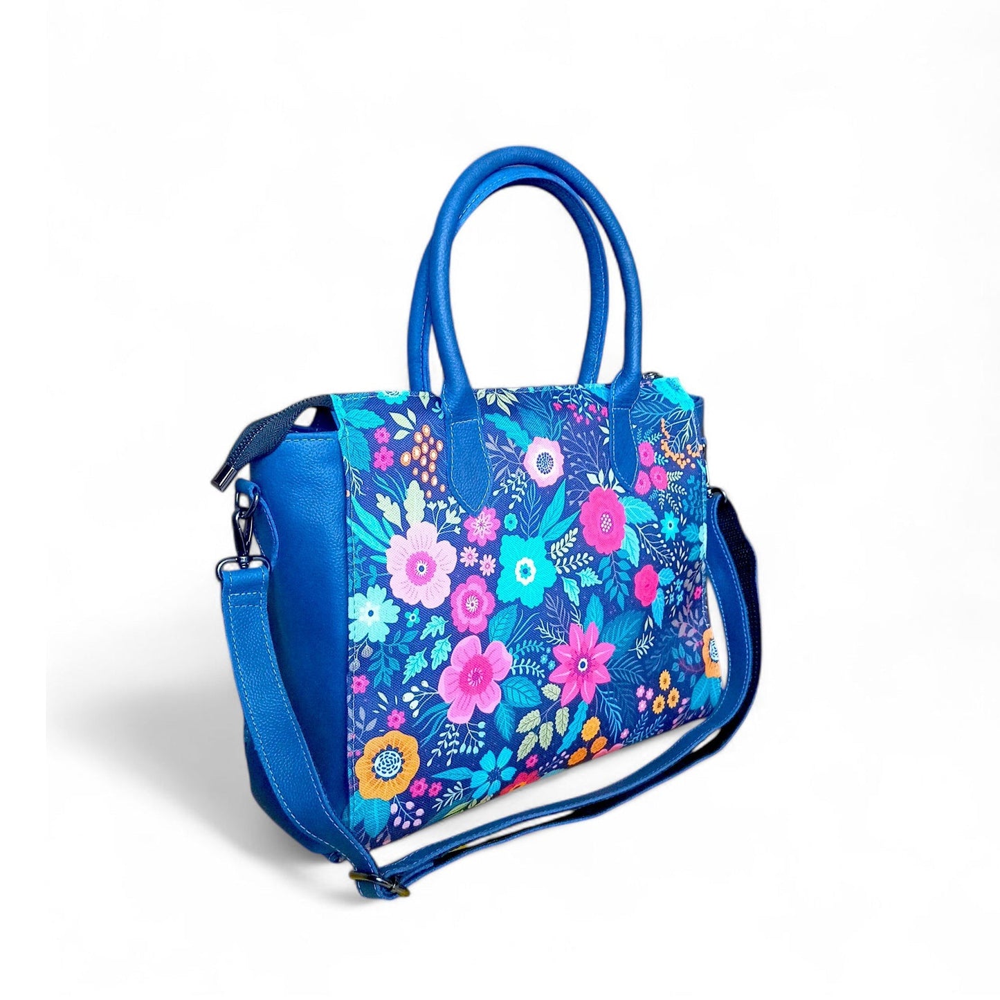 Floral Canvas & Leather Tote Bag – Navy Blue | Full-Grain Cowhide Handbag