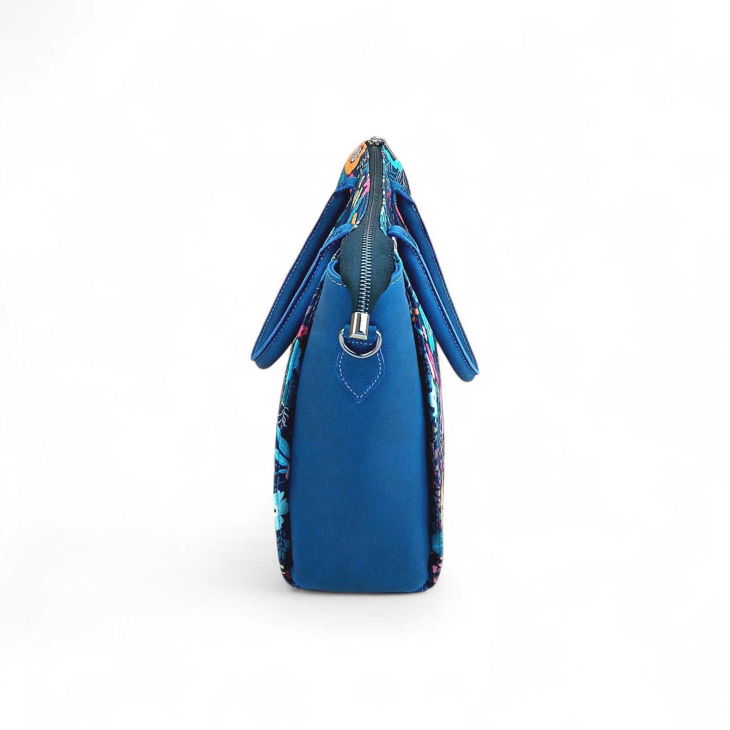 Floral Canvas & Leather Tote Bag – Navy Blue | Full-Grain Cowhide Handbag