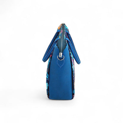 Floral Canvas & Leather Tote Bag – Navy Blue | Full-Grain Cowhide Handbag