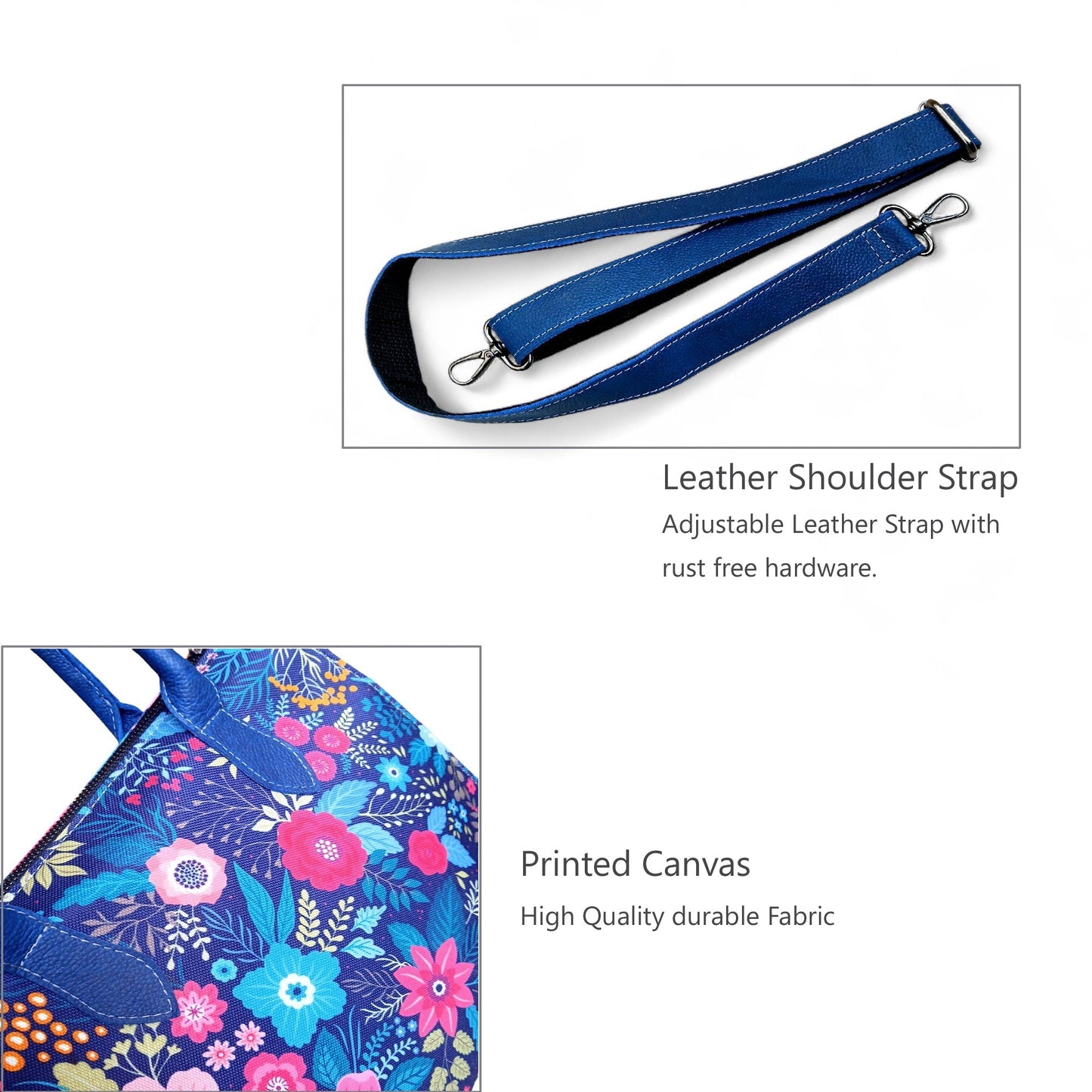 Floral Canvas & Leather Tote Bag – Navy Blue | Full-Grain Cowhide Handbag