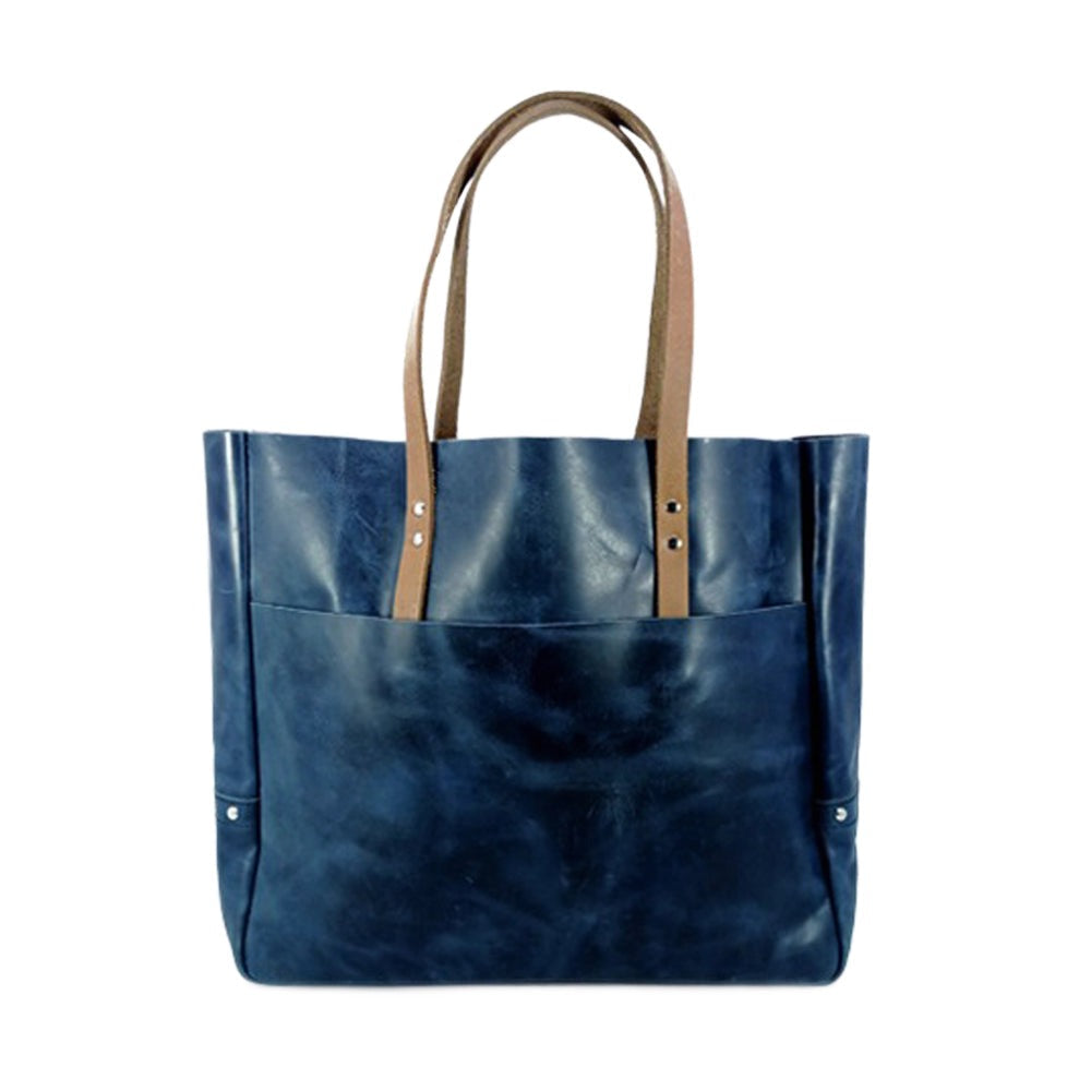 Navy Leather Carryall Tote Bag| Oil Pull-Up Cow Leather | Large Everyday Tote