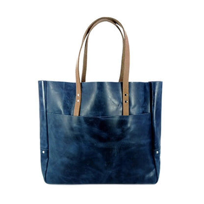 Navy Leather Carryall Tote Bag| Oil Pull-Up Cow Leather | Large Everyday Tote