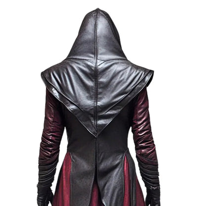 HeXward Robe – Crimson Leather Medieval Hooded Cloak | Witch Trials Cloak for Cosplay, LARP, Alchemist, Gothic, Mystic and Fantasy Roleplay