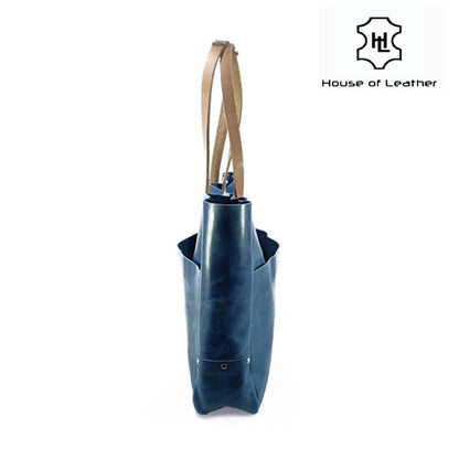 Navy Leather Carryall Tote Bag| Oil Pull-Up Cow Leather | Large Everyday Tote