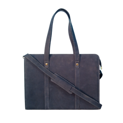 Luxury Leather Work Tote Bag for Women -Business Bag | Navy Blue Nubuck Leather Laptop Tote