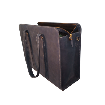 Luxury Leather Work Tote Bag for Women -Business Bag | Navy Blue Nubuck Leather Laptop Tote