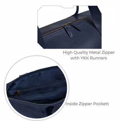 Premium Navy Leather Duffel Weekender Travel Bag