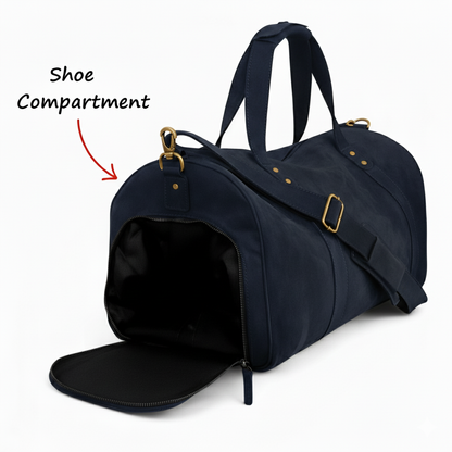 Navy Leather Duffel Bag Premium Travel & Gym Holdall with Shoe Compartment