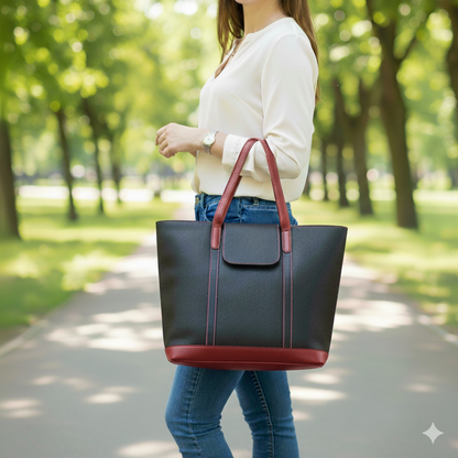 Black & Maroon Leather Tote Bag for Women | Dual-Tone Cowhide|Valentine’s Gift