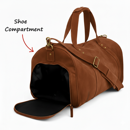 Dark Brown Leather Duffel Bag with Shoe Compartment Premium Holdall