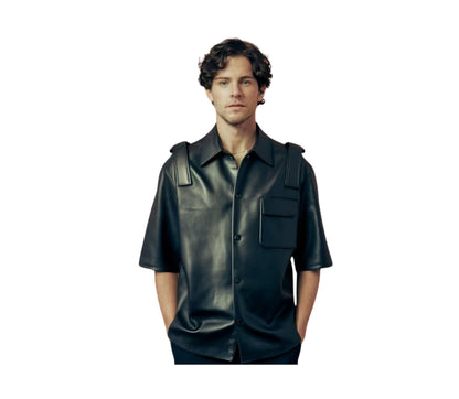 The Noctis Commander, 100% Genuine Black Leather Gay Short Sleeve Shirt, Leather Unisex Leather Button Up Shirt Gift