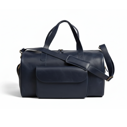 Premium Navy Leather Duffel Weekender Travel Bag