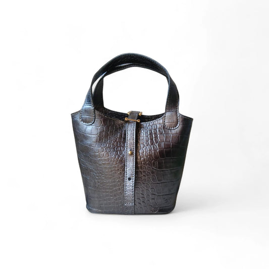 Leather Bucket Bag for Women |Crocodile Embossed Structured Mini Top Handle Handbag with Stopper Lock