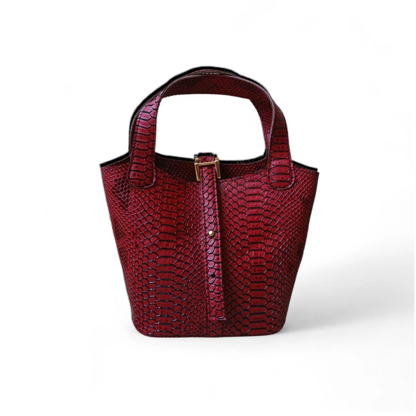 Leather Bucket Bag for Women |Maroon Crocodile Pattern Structured Mini Top Handle Handbag with Stopper Lock