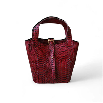 Leather Bucket Bag for Women |Maroon Crocodile Pattern Structured Mini Top Handle Handbag with Stopper Lock