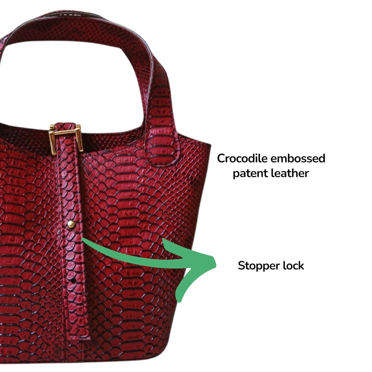 Leather Bucket Bag for Women |Maroon Crocodile Pattern Structured Mini Top Handle Handbag with Stopper Lock