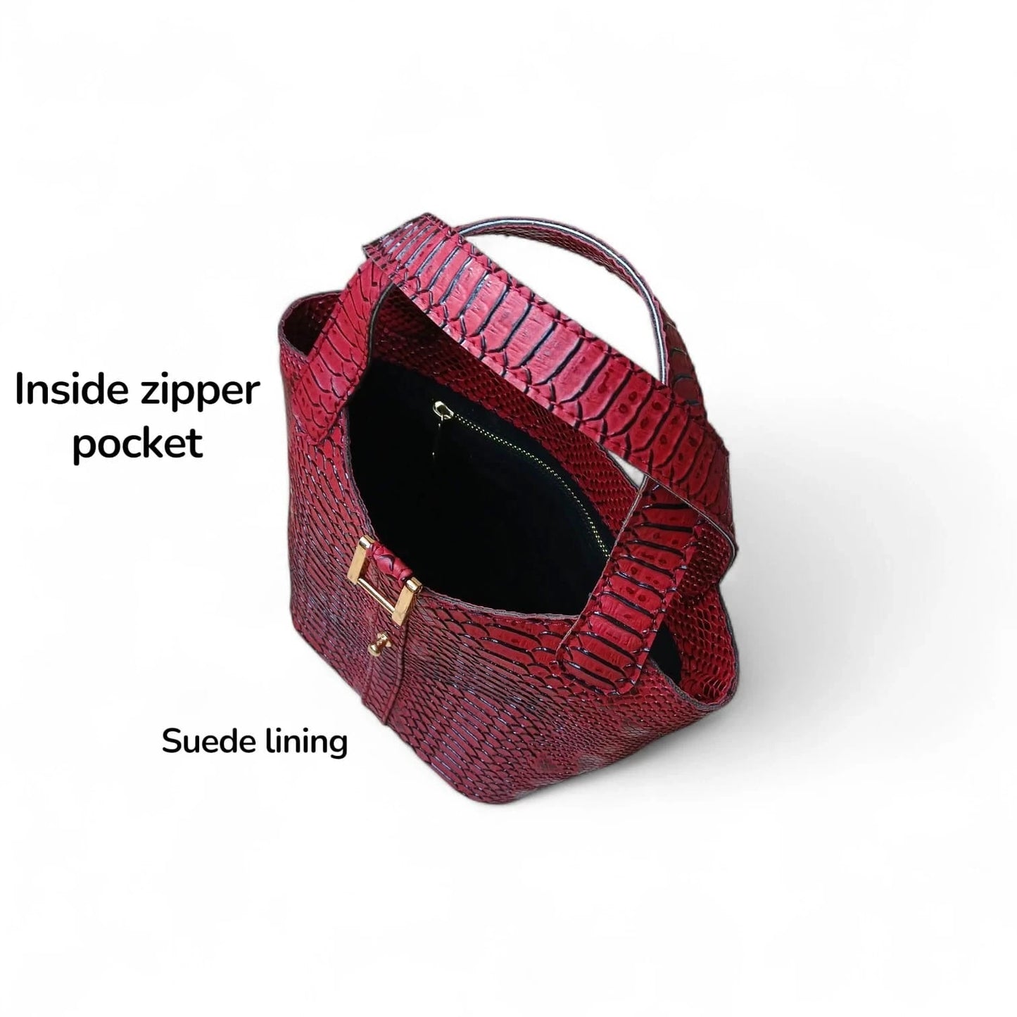 Leather Bucket Bag for Women |Maroon Crocodile Pattern Structured Mini Top Handle Handbag with Stopper Lock