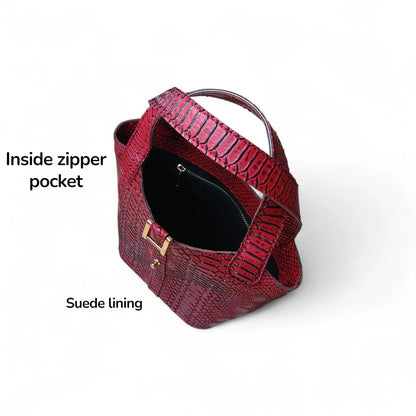 Leather Bucket Bag for Women |Maroon Crocodile Pattern Structured Mini Top Handle Handbag with Stopper Lock