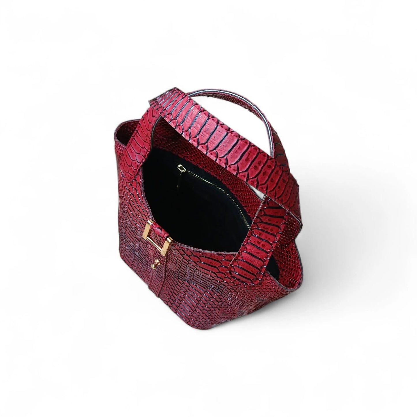 Leather Bucket Bag for Women |Maroon Crocodile Pattern Structured Mini Top Handle Handbag with Stopper Lock