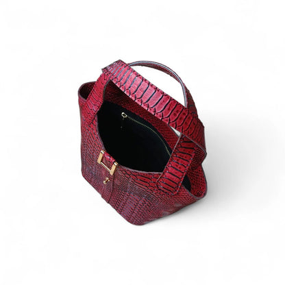Leather Bucket Bag for Women |Maroon Crocodile Pattern Structured Mini Top Handle Handbag with Stopper Lock