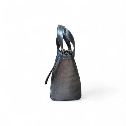 Leather Bucket Bag for Women |Crocodile Embossed Structured Mini Top Handle Handbag with Stopper Lock