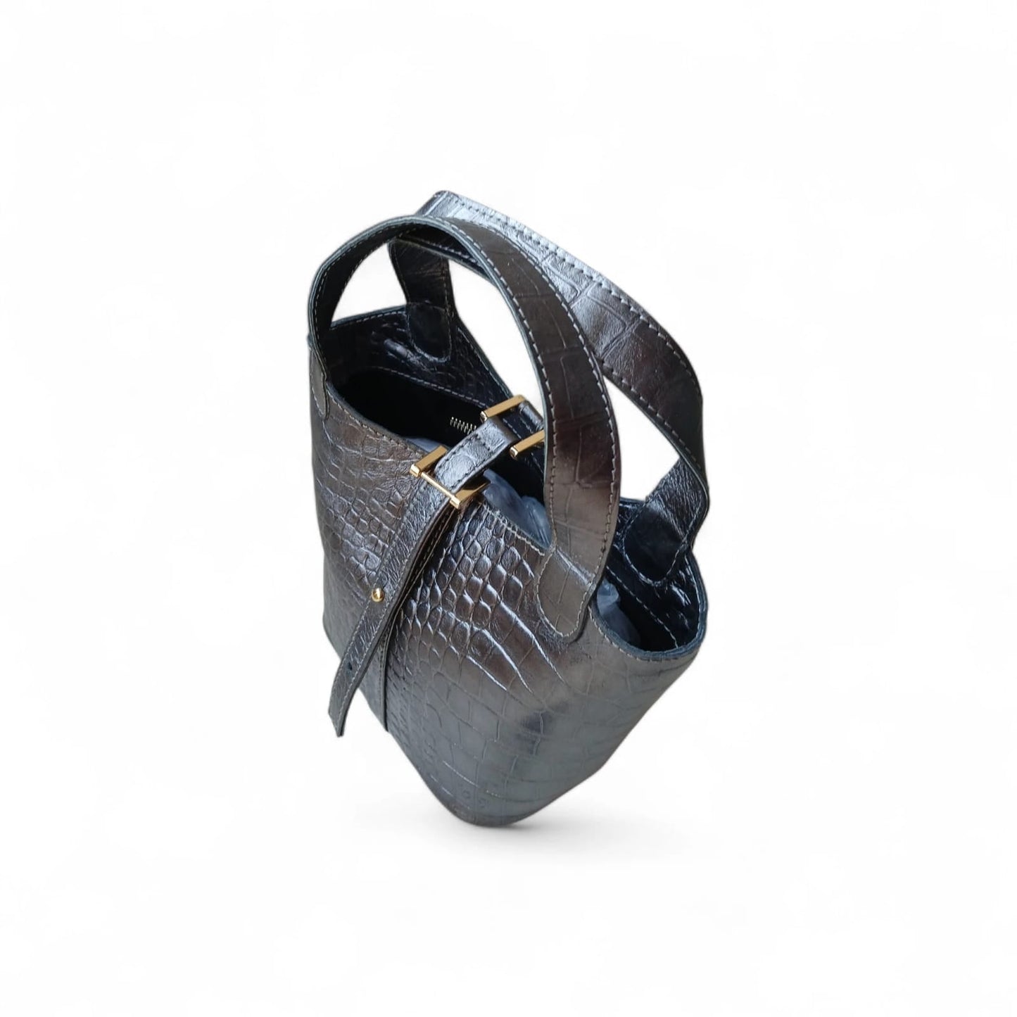 Leather Bucket Bag for Women |Crocodile Embossed Structured Mini Top Handle Handbag with Stopper Lock