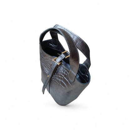 Leather Bucket Bag for Women |Crocodile Embossed Structured Mini Top Handle Handbag with Stopper Lock