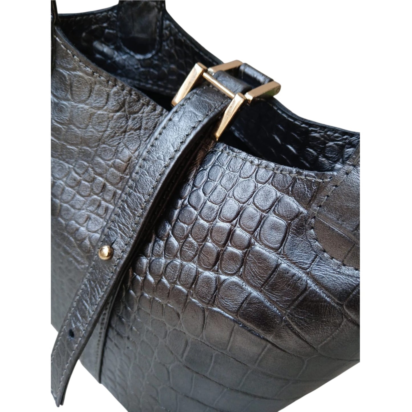 Leather Bucket Bag for Women |Crocodile Embossed Structured Mini Top Handle Handbag with Stopper Lock