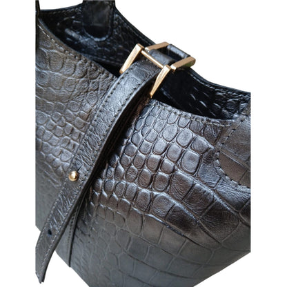 Leather Bucket Bag for Women |Crocodile Embossed Structured Mini Top Handle Handbag with Stopper Lock