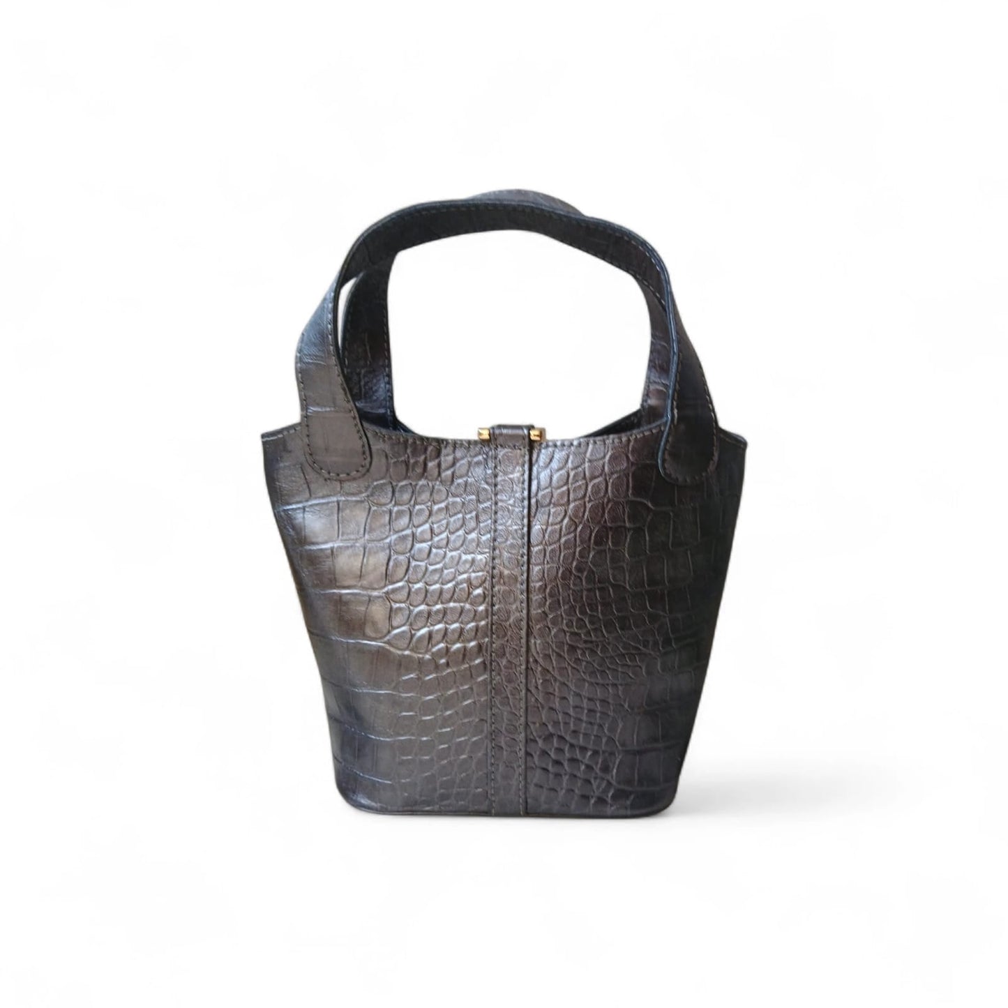 Leather Bucket Bag for Women |Crocodile Embossed Structured Mini Top Handle Handbag with Stopper Lock