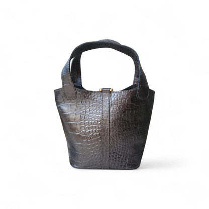 Leather Bucket Bag for Women |Crocodile Embossed Structured Mini Top Handle Handbag with Stopper Lock