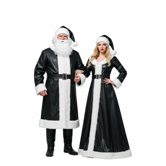 Black and Red Leather Santa & Claus Couple Costume Set – Christmas Party Cosplay Outfits with White Fur Trim & Matching Hats