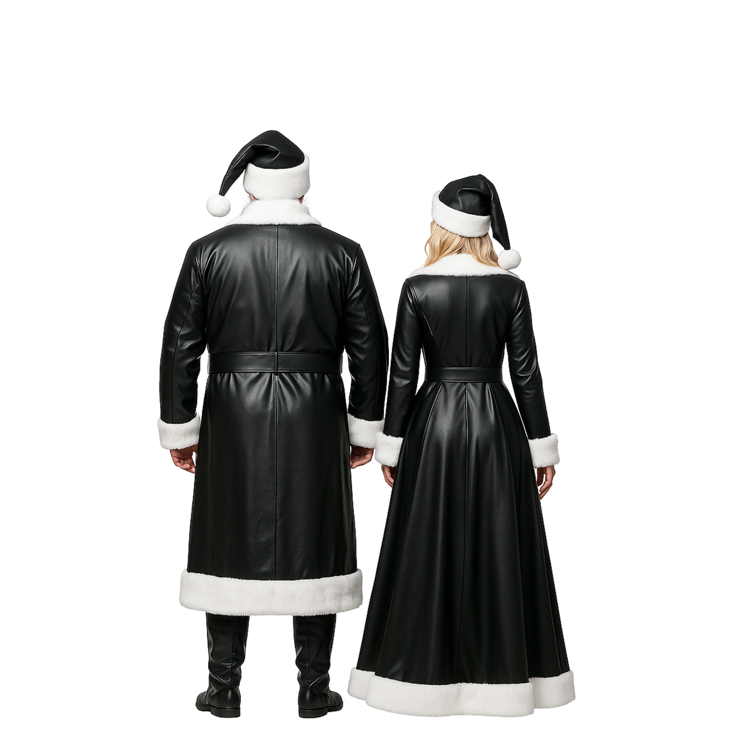 Black and Red Leather Santa & Claus Couple Costume Set – Christmas Party Cosplay Outfits with White Fur Trim & Matching Hats