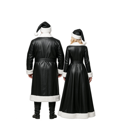 Black and Red Leather Santa & Claus Couple Costume Set – Christmas Party Cosplay Outfits with White Fur Trim & Matching Hats
