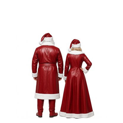 Black and Red Leather Santa & Claus Couple Costume Set – Christmas Party Cosplay Outfits with White Fur Trim & Matching Hats