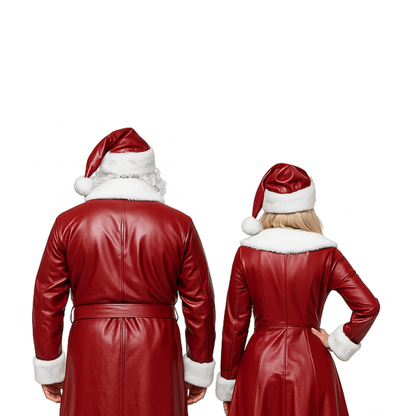 Black and Red Leather Santa & Claus Couple Costume Set – Christmas Party Cosplay Outfits with White Fur Trim & Matching Hats