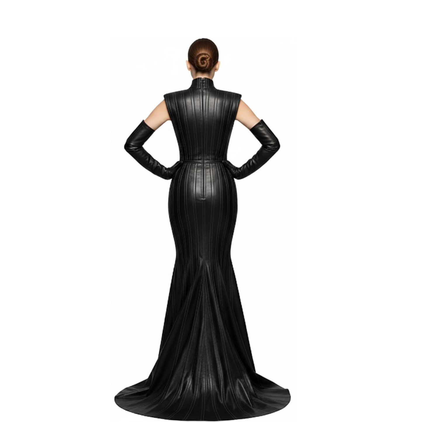 Black Leather Evening Gown – High-Neck Mermaid Style – Custom Fit Full-Length Couture Statement Dress