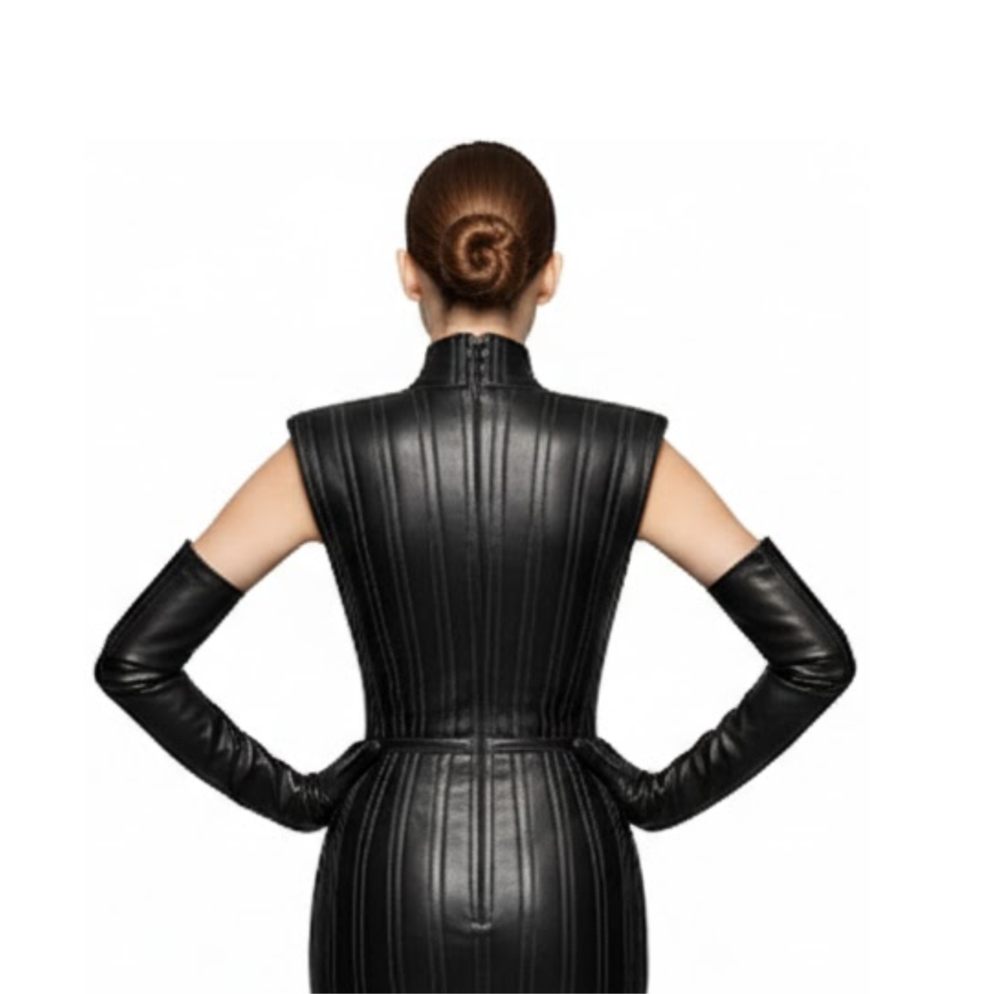 Black Leather Evening Gown – High-Neck Mermaid Style – Custom Fit Full-Length Couture Statement Dress