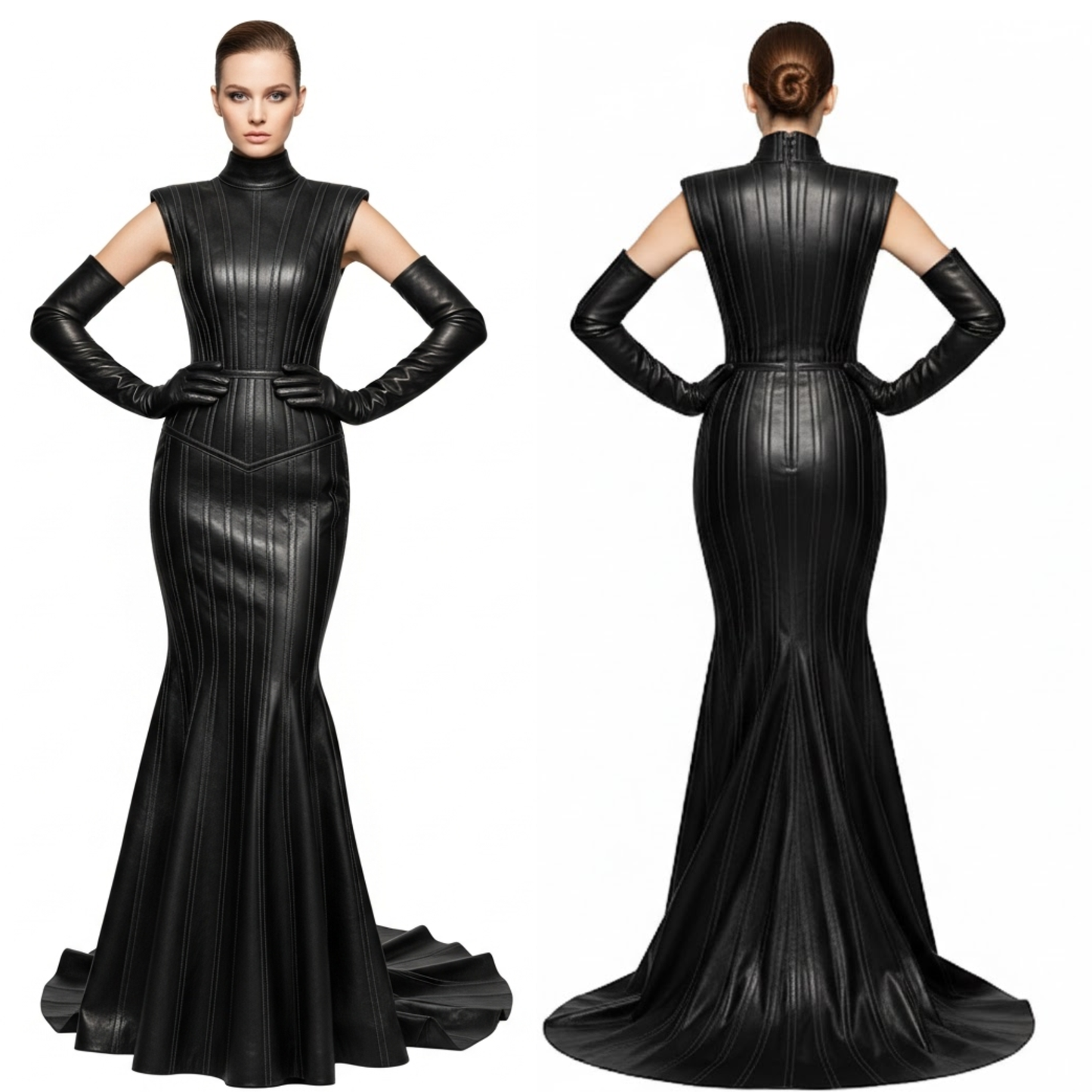 Black Leather Evening Gown – High-Neck Mermaid Style – Custom Fit Full-Length Couture Statement Dress