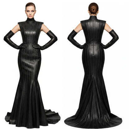 Black Leather Evening Gown – High-Neck Mermaid Style – Custom Fit Full-Length Couture Statement Dress