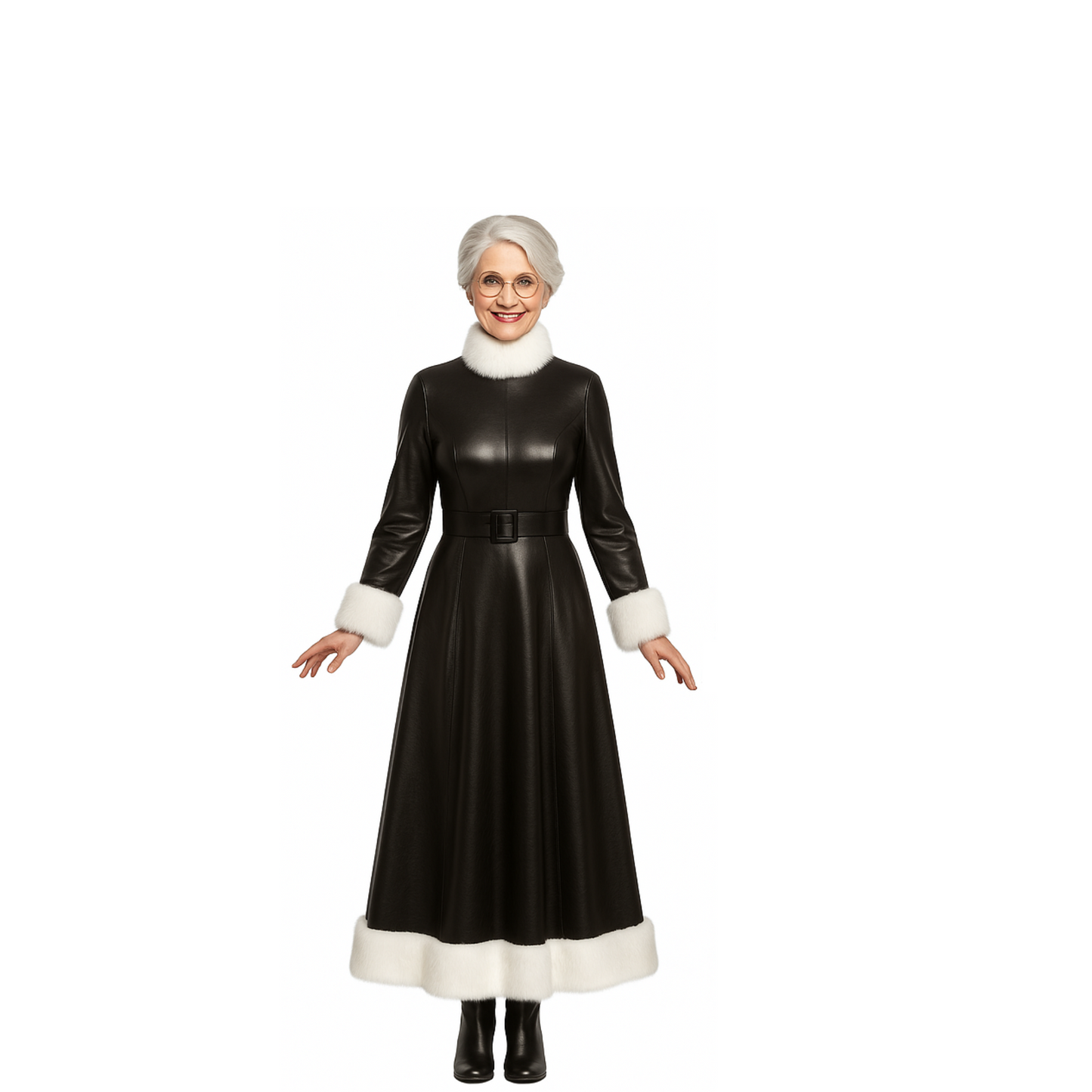 Black Leather Mrs. Claus Christmas Gown – Long Holiday Costume Dress with White Fur Trim - Elegant Festive Outfit for Christmas Parties