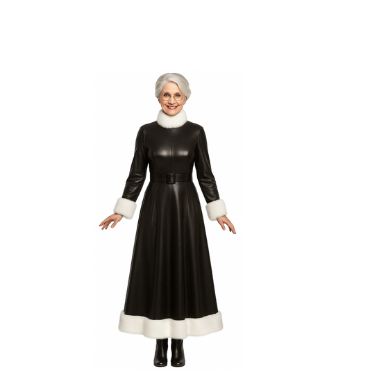 Black Leather Mrs. Claus Christmas Gown – Long Holiday Costume Dress with White Fur Trim - Elegant Festive Outfit for Christmas Parties