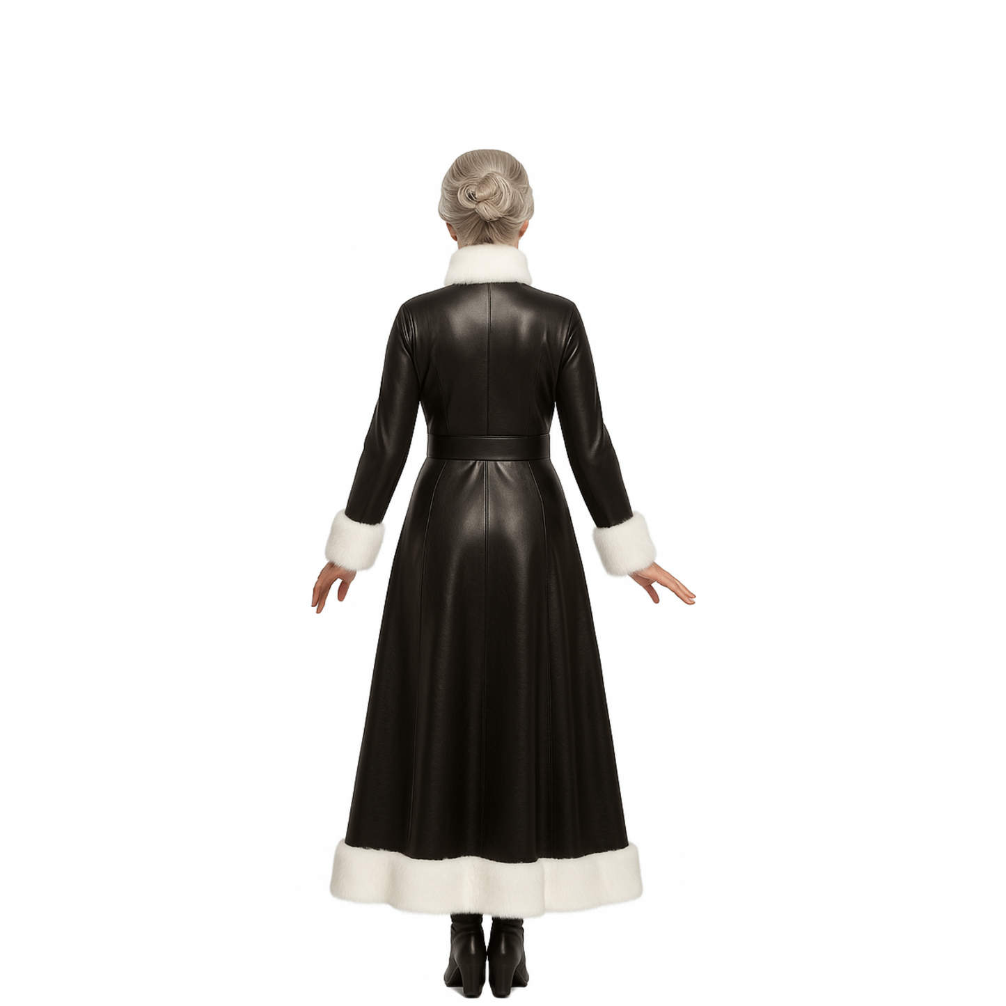 Black Leather Mrs. Claus Christmas Gown – Long Holiday Costume Dress with White Fur Trim - Elegant Festive Outfit for Christmas Parties
