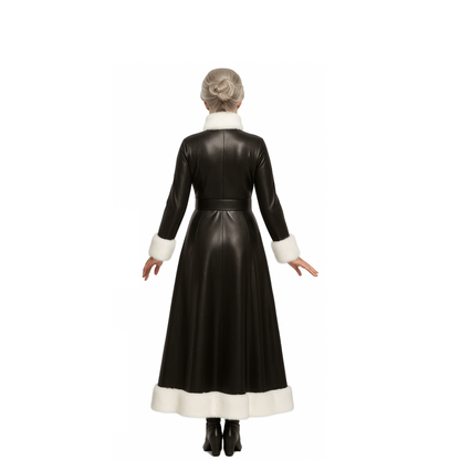 Black Leather Mrs. Claus Christmas Gown – Long Holiday Costume Dress with White Fur Trim - Elegant Festive Outfit for Christmas Parties