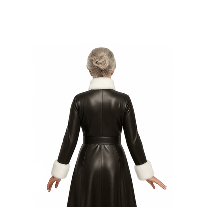 Black Leather Mrs. Claus Christmas Gown – Long Holiday Costume Dress with White Fur Trim - Elegant Festive Outfit for Christmas Parties
