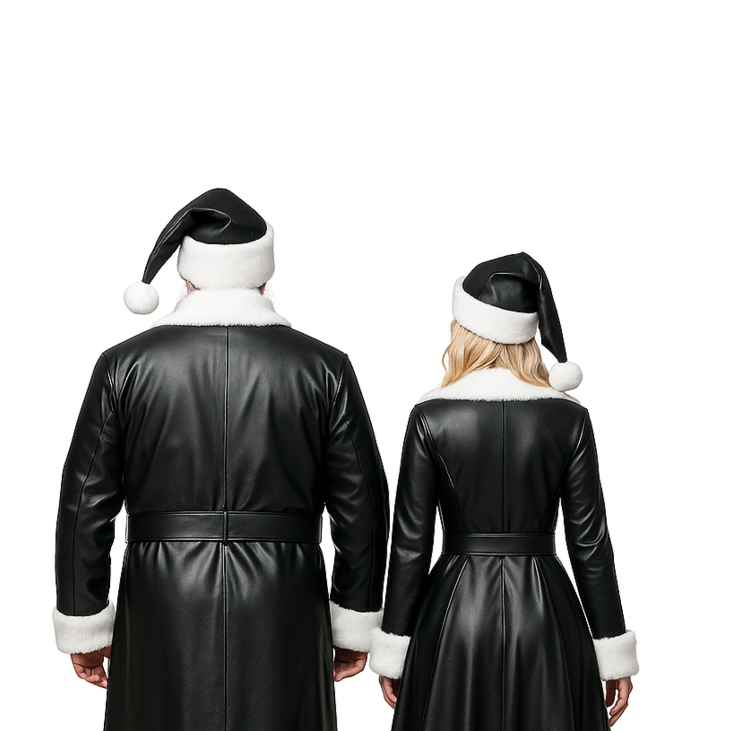Black and Red Leather Santa & Claus Couple Costume Set – Christmas Party Cosplay Outfits with White Fur Trim & Matching Hats