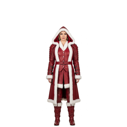 Leather Hooded Coat with White Fur Trim for Women - Fantasy LARP Outfit - Renaissance Festival Costume