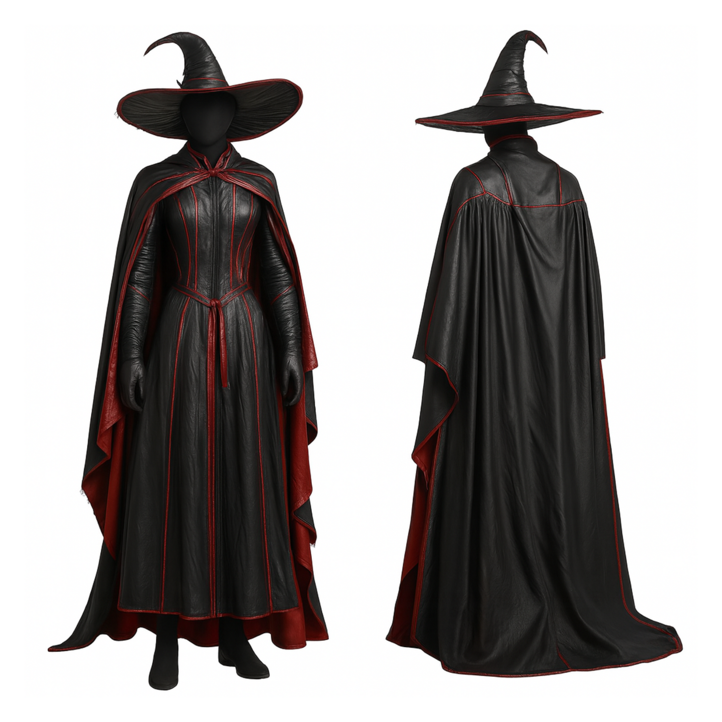 The Cinderhex Witch Set - Handmade Black and Red Leather Witch Cloak with Hat – Gothic Halloween Outfit